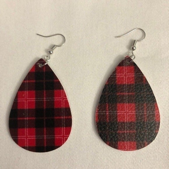 Red & Black Plaid PU Leather Teardrop Pierced Earrings New - Picture 2 of 5
